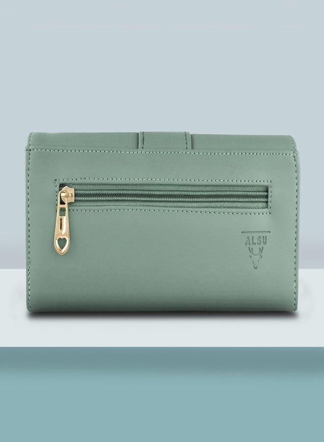 ALSU Women's Wallet Hand Purse Clutch Vegan Leather Light Green | Phone Pocket | 6 Card Pocket (shd-006blugrn) - Image 3